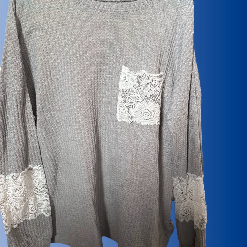 Gray Long Sleeve Top with Lace Accents